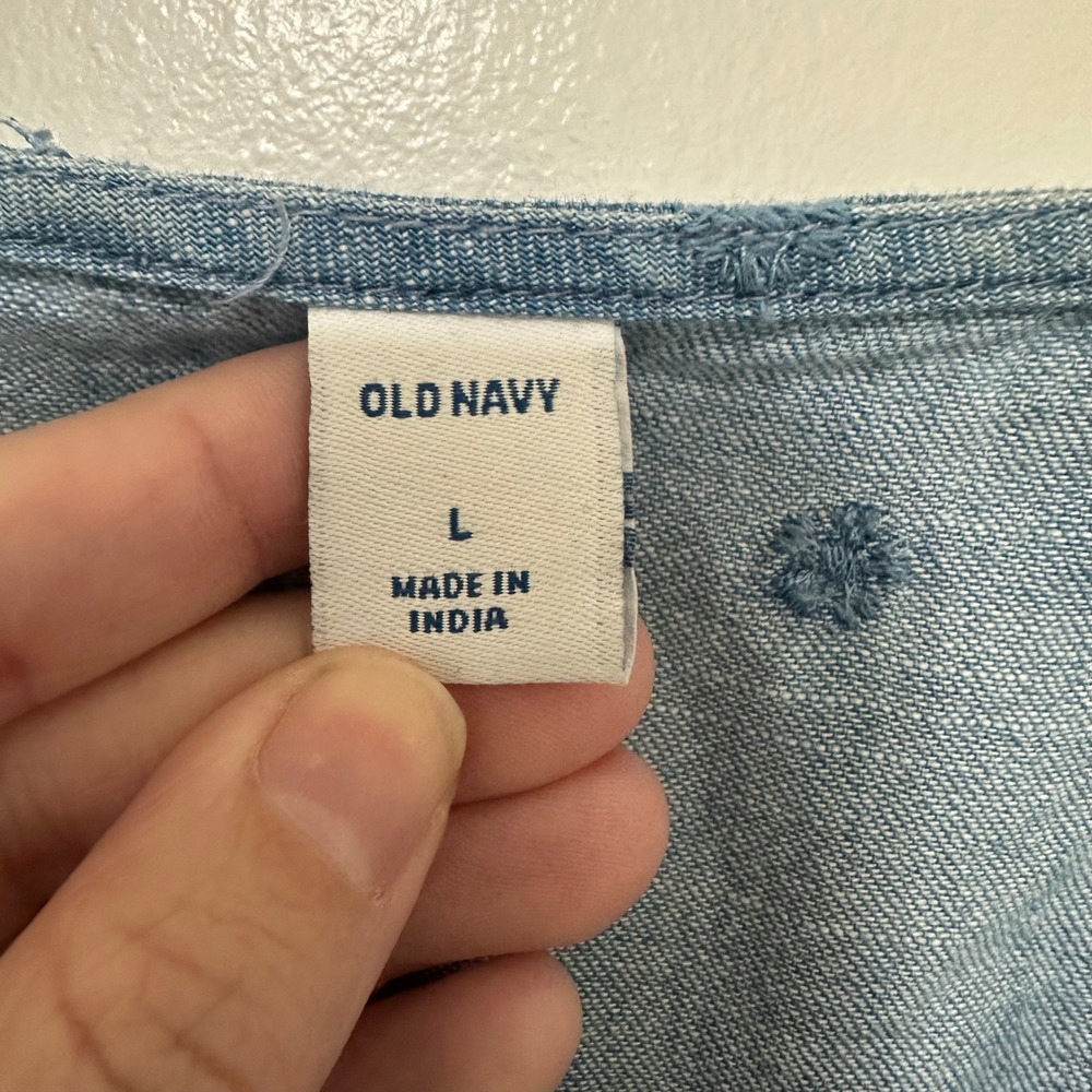OLD NAVY | Blue Denim Chambray Embroidered Cutwork Eyelet Peasant Mini Dress, L - Picture 7 of 10